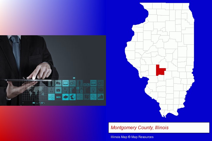 information technology concepts; Montgomery County, Illinois highlighted in red on a map