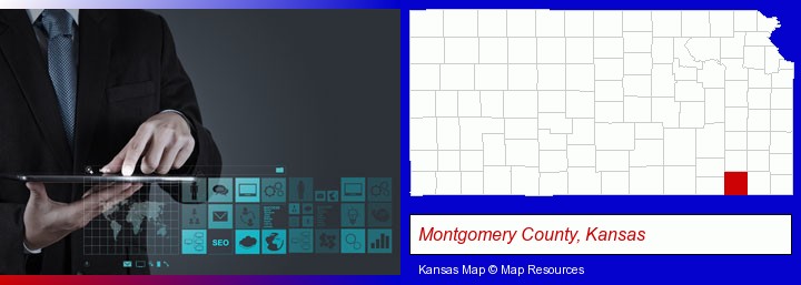 information technology concepts; Montgomery County, Kansas highlighted in red on a map