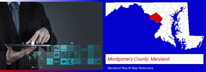 information technology concepts; Montgomery County, Maryland highlighted in red on a map