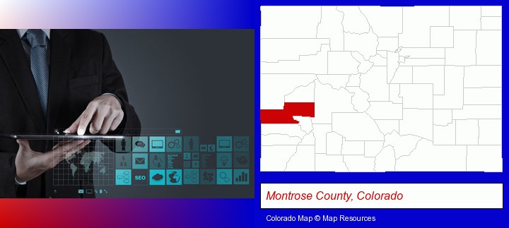 information technology concepts; Montrose County, Colorado highlighted in red on a map
