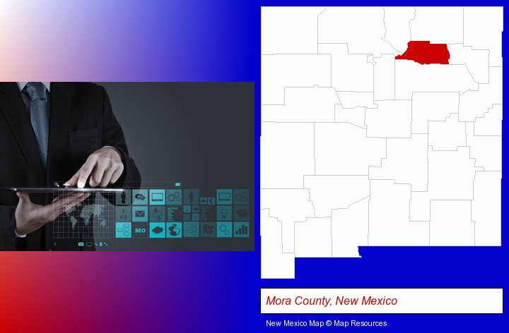 information technology concepts; Mora County, New Mexico highlighted in red on a map