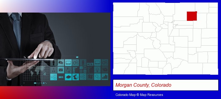 information technology concepts; Morgan County, Colorado highlighted in red on a map