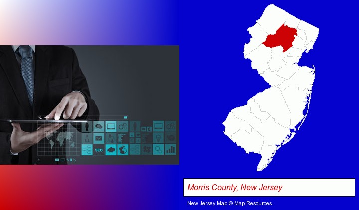 information technology concepts; Morris County, New Jersey highlighted in red on a map