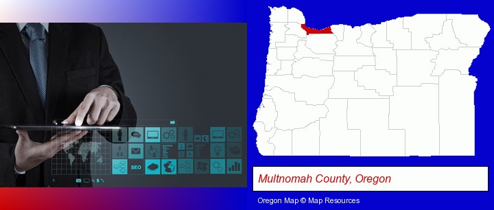 information technology concepts; Multnomah County, Oregon highlighted in red on a map