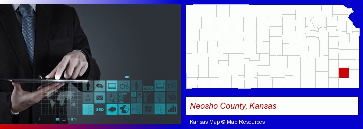 information technology concepts; Neosho County, Kansas highlighted in red on a map