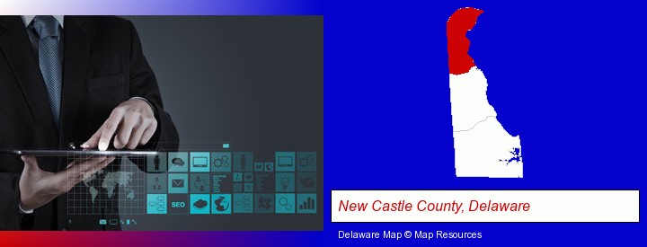 information technology concepts; New Castle County, Delaware highlighted in red on a map