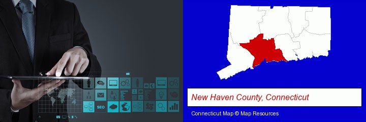 information technology concepts; New Haven County, Connecticut highlighted in red on a map