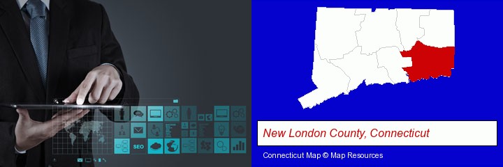 information technology concepts; New London County, Connecticut highlighted in red on a map