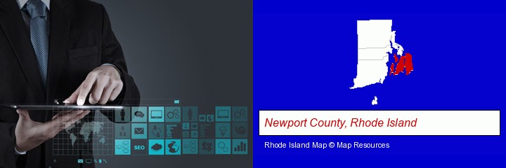 information technology concepts; Newport County, Rhode Island highlighted in red on a map