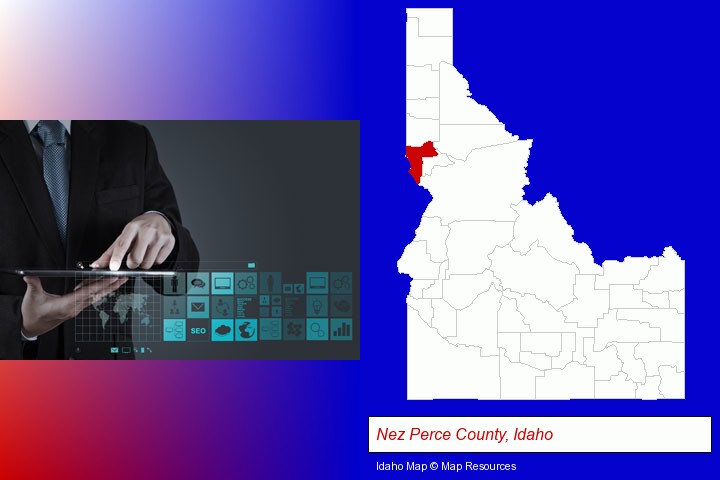 information technology concepts; Nez Perce County, Idaho highlighted in red on a map