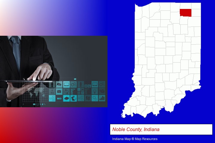 information technology concepts; Noble County, Indiana highlighted in red on a map