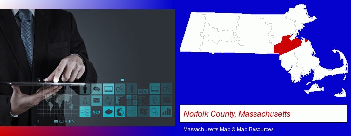 information technology concepts; Norfolk County, Massachusetts highlighted in red on a map