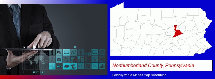 information technology concepts; Northumberland County, Pennsylvania highlighted in red on a map
