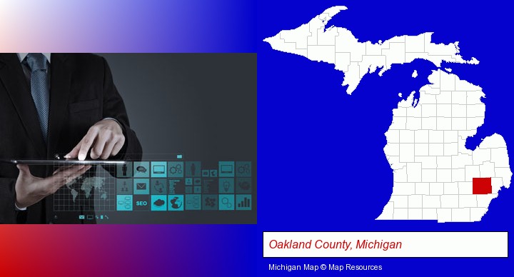 information technology concepts; Oakland County, Michigan highlighted in red on a map