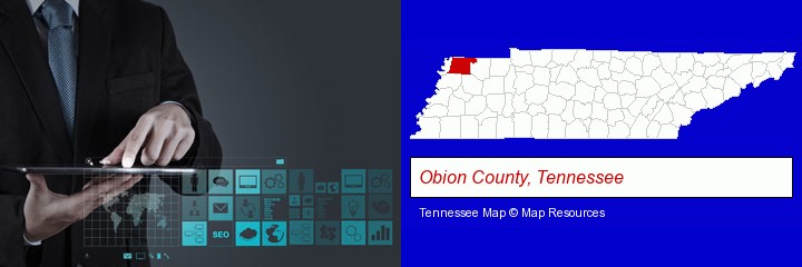 information technology concepts; Obion County, Tennessee highlighted in red on a map