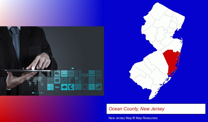 information technology concepts; Ocean County, New Jersey highlighted in red on a map
