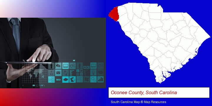 information technology concepts; Oconee County, South Carolina highlighted in red on a map