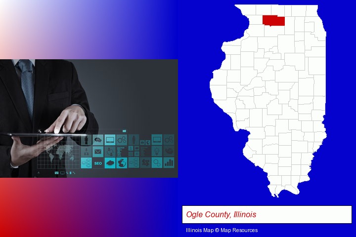information technology concepts; Ogle County, Illinois highlighted in red on a map