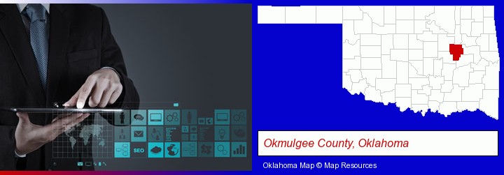 information technology concepts; Okmulgee County, Oklahoma highlighted in red on a map