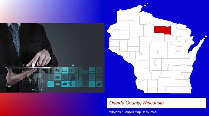 information technology concepts; Oneida County, Wisconsin highlighted in red on a map