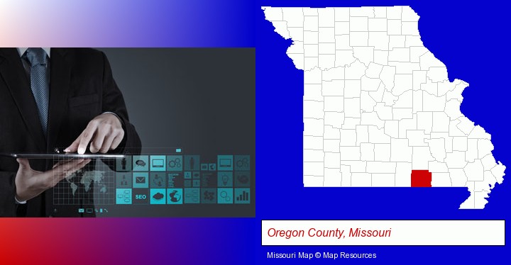 information technology concepts; Oregon County, Missouri highlighted in red on a map
