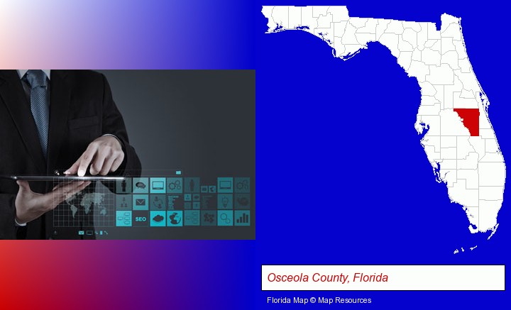 information technology concepts; Osceola County, Florida highlighted in red on a map
