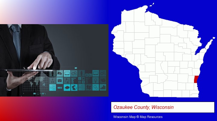 information technology concepts; Ozaukee County, Wisconsin highlighted in red on a map