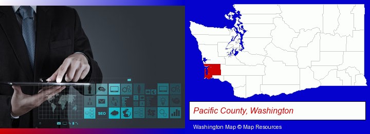 information technology concepts; Pacific County, Washington highlighted in red on a map