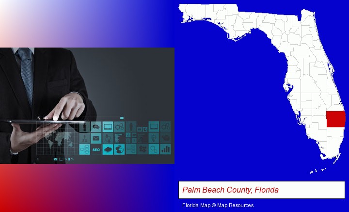 information technology concepts; Palm Beach County, Florida highlighted in red on a map