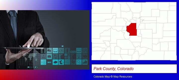 information technology concepts; Park County, Colorado highlighted in red on a map