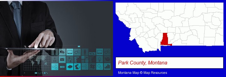 information technology concepts; Park County, Montana highlighted in red on a map