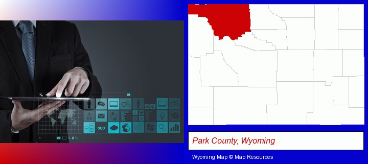 information technology concepts; Park County, Wyoming highlighted in red on a map