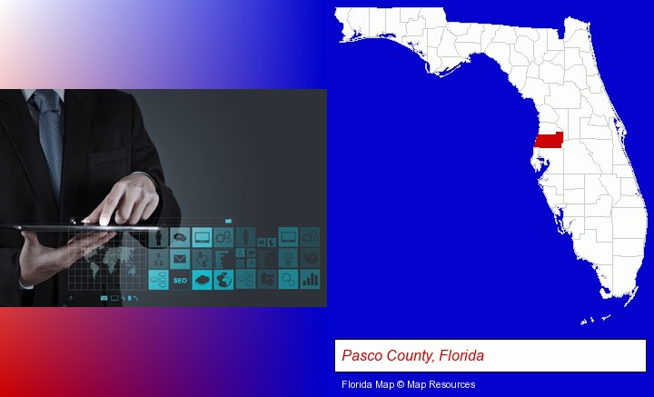 information technology concepts; Pasco County, Florida highlighted in red on a map