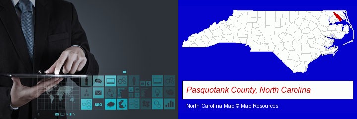 information technology concepts; Pasquotank County, North Carolina highlighted in red on a map