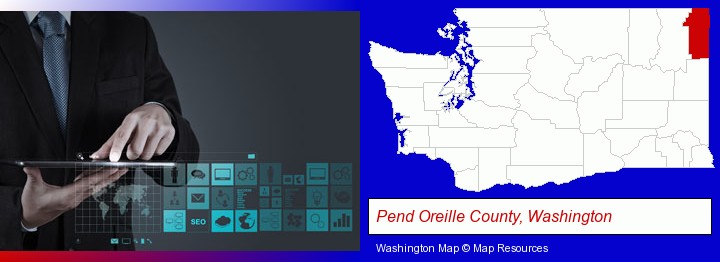 information technology concepts; Pend Oreille County, Washington highlighted in red on a map
