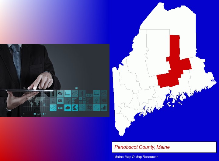 information technology concepts; Penobscot County, Maine highlighted in red on a map