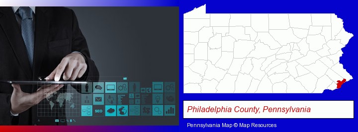 information technology concepts; Philadelphia County, Pennsylvania highlighted in red on a map