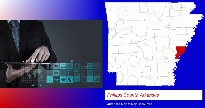 information technology concepts; Phillips County, Arkansas highlighted in red on a map