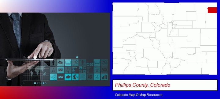 information technology concepts; Phillips County, Colorado highlighted in red on a map