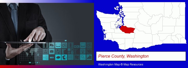 information technology concepts; Pierce County, Washington highlighted in red on a map