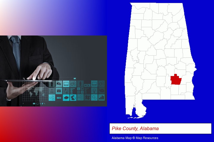 information technology concepts; Pike County, Alabama highlighted in red on a map