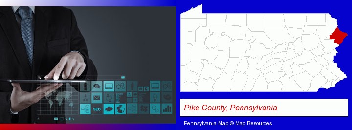 information technology concepts; Pike County, Pennsylvania highlighted in red on a map