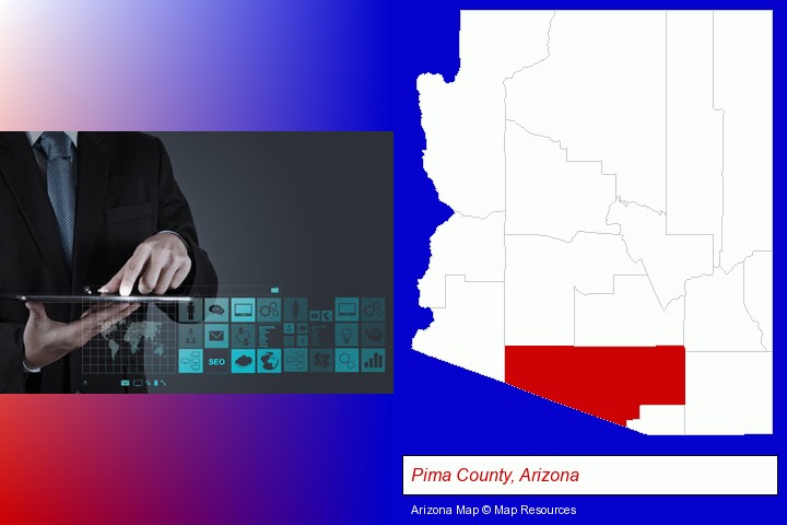 information technology concepts; Pima County, Arizona highlighted in red on a map
