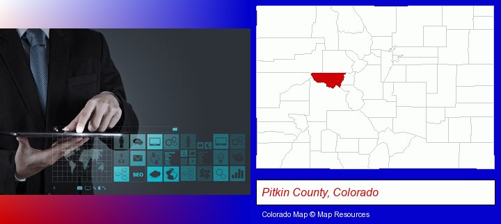 information technology concepts; Pitkin County, Colorado highlighted in red on a map