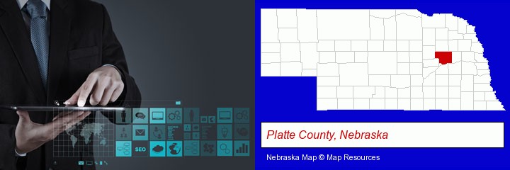 information technology concepts; Platte County, Nebraska highlighted in red on a map