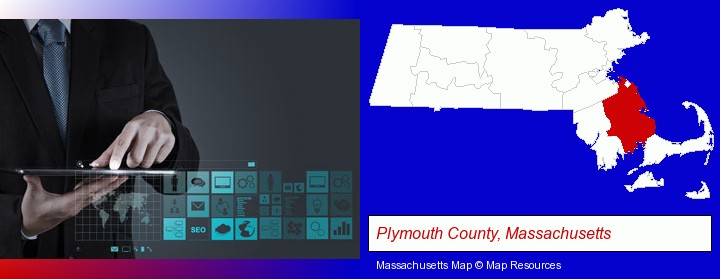 information technology concepts; Plymouth County, Massachusetts highlighted in red on a map