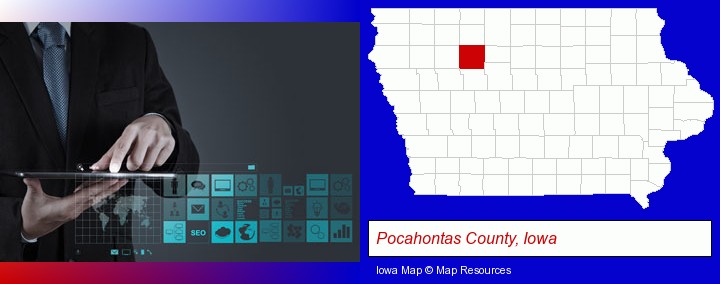 information technology concepts; Pocahontas County, Iowa highlighted in red on a map