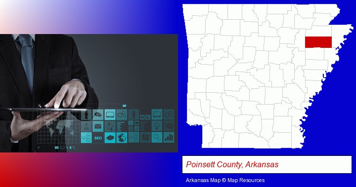 information technology concepts; Poinsett County, Arkansas highlighted in red on a map