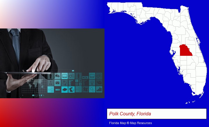 information technology concepts; Polk County, Florida highlighted in red on a map