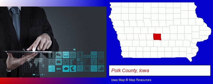 information technology concepts; Polk County, Iowa highlighted in red on a map